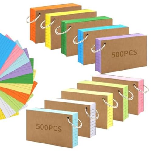 Begchy Großpackung mit 1000 Farbigen Karteikarten im Format 3 X 5 mit Ringen, Liniert und Liniert für Effizientes Notieren von Begchy