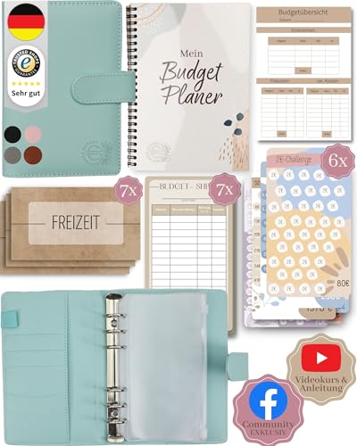 BeginnerBudget® Budget Planner Deutsch - Starterset mit Sparchallenge + Budgetplaner (144 Seiten) - Sparen mit Umschlagmethode + Anleitung Ringbuch, Binder A6 Glattleder, vegan (Blau) von Beginner-Budget