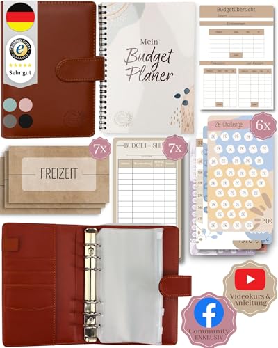 BeginnerBudget® Budget Planner Deutsch - Starterset mit Sparchallenge + Budgetplaner (144 Seiten) - Sparen mit Umschlagmethode + Anleitung Ringbuch, Binder A6 Glattleder, vegan (Braun) von Beginner-Budget