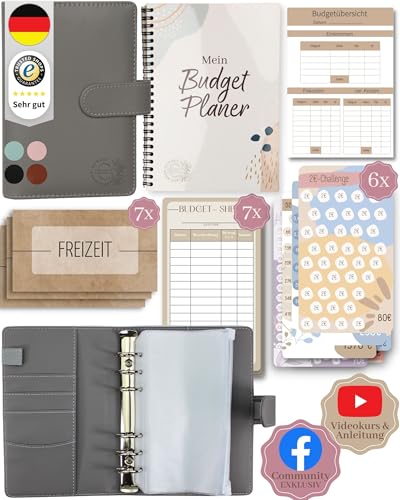 BeginnerBudget® Budget Planner Deutsch - Starterset mit Sparchallenge + Budgetplaner (144 Seiten) - Sparen mit Umschlagmethode + Anleitung Ringbuch, Binder A6 Glattleder, vegan (Grau) von Beginner-Budget