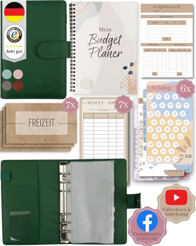 BeginnerBudget® Budget Planner Deutsch - Starterset mit Sparchallenge + Budgetplaner (144 Seiten) - Sparen mit Umschlagmethode + Anleitung Ringbuch, Binder A6 Glattleder, vegan (Grün) von Beginner-Budget