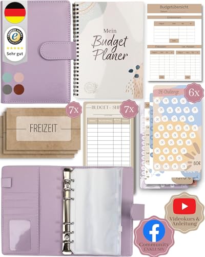 BeginnerBudget® Budget Planner Deutsch - Starterset mit Sparchallenge + Budgetplaner (144 Seiten) - Sparen mit Umschlagmethode + Anleitung Ringbuch, Binder A6 Glattleder, vegan (Lila) von Beginner-Budget