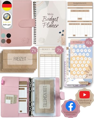 BeginnerBudget® Budget Planner Deutsch - Starterset mit Sparchallenge + Budgetplaner (144 Seiten) - Sparen mit Umschlagmethode + Anleitung Ringbuch, Binder A6 Glattleder, vegan (Rosa) von Beginner-Budget