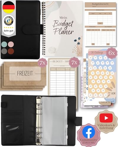 BeginnerBudget® Budget Planner Deutsch - Starterset mit Sparchallenge + Budgetplaner (144 Seiten) - Sparen mit Umschlagmethode + Anleitung Ringbuch, Binder A6 Glattleder, vegan (Schwarz) von Beginner-Budget