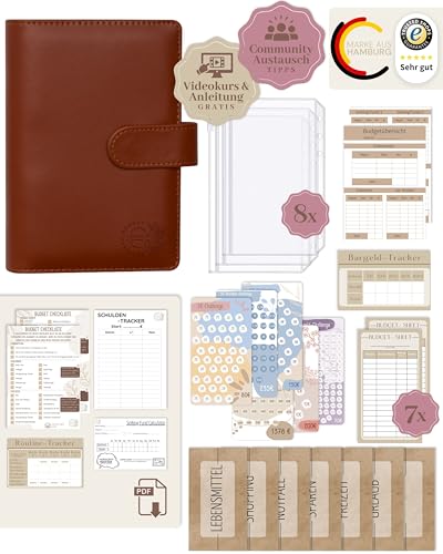 BeginnerBudget® Budget Planner Deutsch - Starterset mit Sparchallenge Budgetplaner - Sparen mit Umschlagmethode + Anleitung - Ringbuch - Binder A6 Glattleder-Style (Braun) von Beginner-Budget