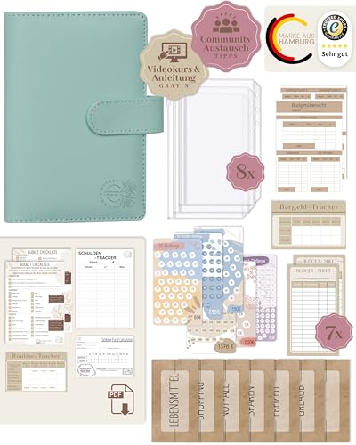 BeginnerBudget® Budget Planner Deutsch - Starterset mit Sparchallenge Budgetplaner - Sparen mit Umschlagmethode + Anleitung - Ringbuch - Binder A6 Glattleder-Style (Hellblau) von Beginner-Budget