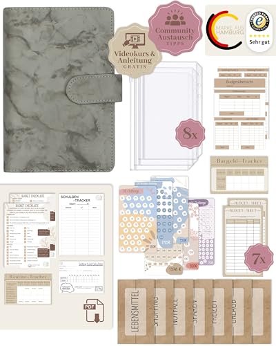 BeginnerBudget® Budget Planner Deutsch - Starterset mit Sparchallenge Budgetplaner - Sparen mit Umschlagmethode + Anleitung - Ringbuch A6 - Binder A6 Marmor-Style (Grau) von Beginner-Budget