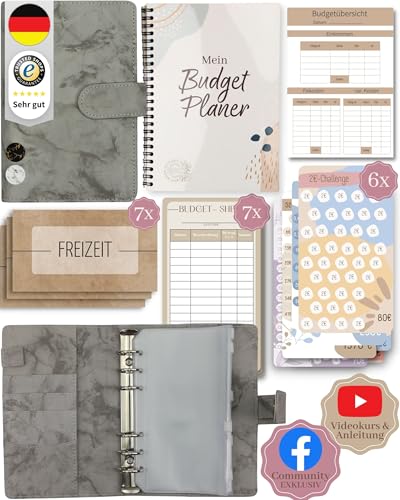 BeginnerBudget® Budget Planner Deutsch - Starterset mit Sparchallenge Budgetplaner - Sparen mit Umschlagmethode + Anleitung - Ringbuch A6 - Binder A6 Marmor-Style (Grau (mit Budgetplaner)) von Beginner-Budget