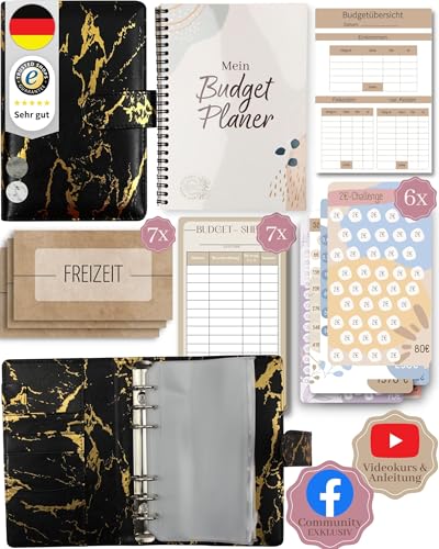 BeginnerBudget® Budget Planner Deutsch - Starterset mit Sparchallenge Budgetplaner - Sparen mit Umschlagmethode + Anleitung - Ringbuch A6 - Binder A6 Marmor-Style (Schwarz (mit Budgetplaner)) von Beginner-Budget