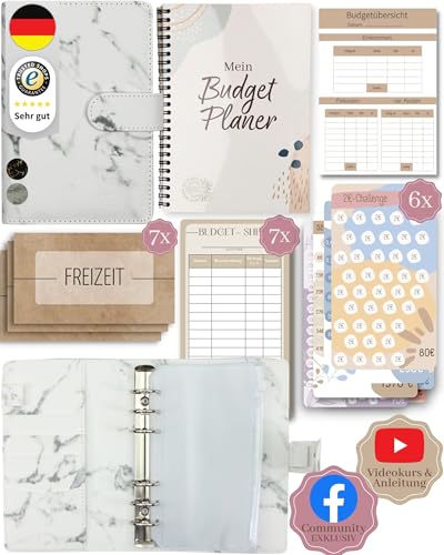 BeginnerBudget® Budget Planner Deutsch - Starterset mit Sparchallenge Budgetplaner - Sparen mit Umschlagmethode + Anleitung - Ringbuch A6 - Binder A6 Marmor-Style (Weiß (mit Budgetplaner)) von Beginner-Budget