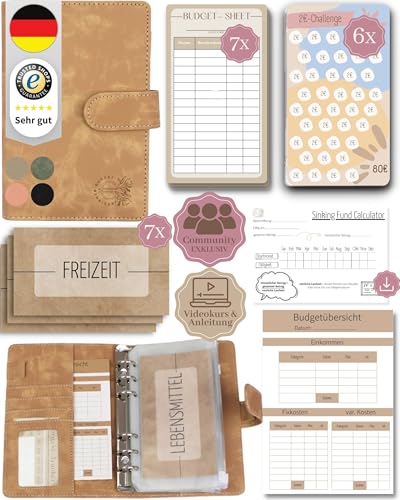 BeginnerBudget® Budget Planner Deutsch - Starterset mit Sparchallenge Budgetplaner - Sparen mit Umschlagmethode + Anleitung - Ringbuch A6 - Binder A6 Wildleder-Style (Beige) von Beginner-Budget