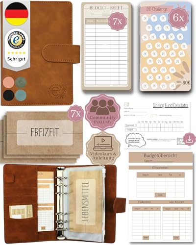 BeginnerBudget® Budget Planner Deutsch - Starterset mit Sparchallenge Budgetplaner - Sparen mit Umschlagmethode + Anleitung - Ringbuch A6 - Binder A6 Wildleder-Style (Braun) von Beginner-Budget