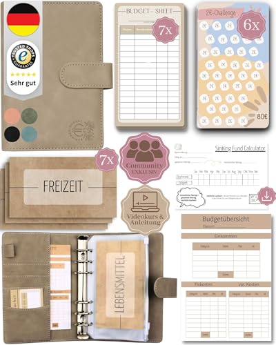 BeginnerBudget® Budget Planner Deutsch - Starterset mit Sparchallenge Budgetplaner - Sparen mit Umschlagmethode + Anleitung - Ringbuch A6 - Binder A6 Wildleder-Style (Grau) von Beginner-Budget