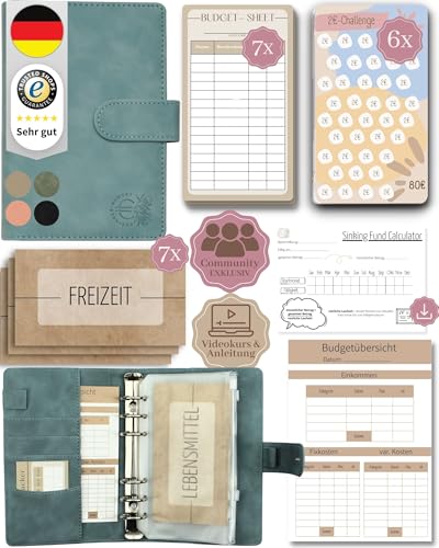 BeginnerBudget® Budget Planner Deutsch - Starterset mit Sparchallenge Budgetplaner - Sparen mit Umschlagmethode + Anleitung - Ringbuch A6 - Binder A6 Wildleder-Style (Hellblau) von Beginner-Budget