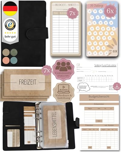 BeginnerBudget® Budget Planner Deutsch - Starterset mit Sparchallenge Budgetplaner - Sparen mit Umschlagmethode + Anleitung - Ringbuch A6 - Binder A6 Wildleder-Style (Schwarz) von Beginner-Budget