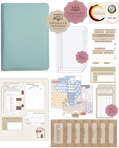 BeginnerBudget® Budget Planner Deutsch - Starterset mit Sparchallenge Budgetplaner - Sparen mit Umschlagmethode + Anleitung - Ringbuch - Binder A6 Geldbeutel Zipper (Hellblau) von Beginner-Budget