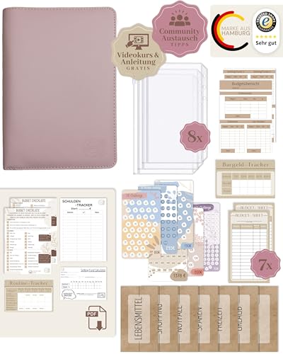 BeginnerBudget® Budget Planner Deutsch - Starterset mit Sparchallenge Budgetplaner - Sparen mit Umschlagmethode + Anleitung - Ringbuch - Binder A6 Geldbeutel Zipper (Rosa) von Beginner-Budget