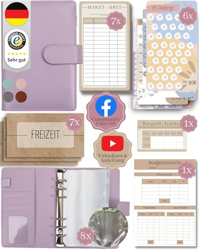 BeginnerBudget® Budget Planner Deutsch - Starterset mit Sparchallenge Budgetplaner - Sparen mit Umschlagmethode + Anleitung - Ringbuch - Binder A6 Glattleder-Style (Lila) von Beginner-Budget