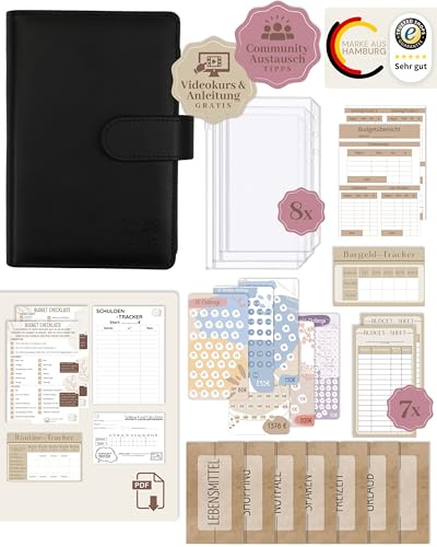 BeginnerBudget® Budget Planner Deutsch - Starterset mit Sparchallenge Budgetplaner - Sparen mit Umschlagmethode + Anleitung - Ringbuch - Binder A6 Glattleder-Style (Schwarz) von Beginner-Budget