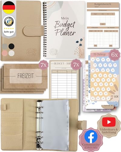 BeginnerBudget® Budget Planner Deutsch - Starterset mit Sparchallenge Budgetplaner deutsch - Sparen mit Umschlagmethode + Anleitung - Ringbuch A6 - Binder A6 Gecko-Style (Beige (mit Budgetplaner) von Beginner-Budget