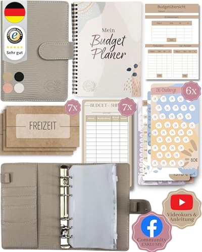 BeginnerBudget® Budget Planner Deutsch - Starterset mit Sparchallenge Budgetplaner deutsch - Sparen mit Umschlagmethode + Anleitung - Ringbuch A6 - Binder A6 Gecko-Style (Grau (mit Budgetplaner) von Beginner-Budget