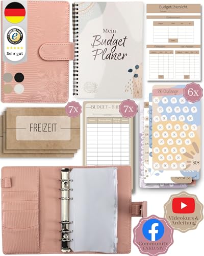 BeginnerBudget® Budget Planner Deutsch - Starterset mit Sparchallenge Budgetplaner deutsch - Sparen mit Umschlagmethode + Anleitung - Ringbuch A6 - Binder A6 Gecko-Style (Rosa (mit Budgetplaner) von Beginner-Budget