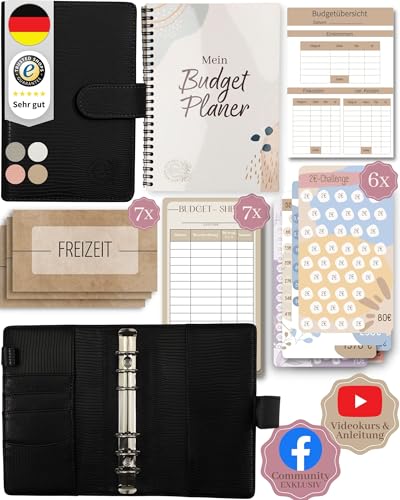 BeginnerBudget® Budget Planner Deutsch - Starterset mit Sparchallenge Budgetplaner deutsch - Sparen mit Umschlagmethode + Anleitung - Ringbuch A6 - Binder A6 Gecko-Style (Schwarz (mit Budgetplaner) von Beginner-Budget