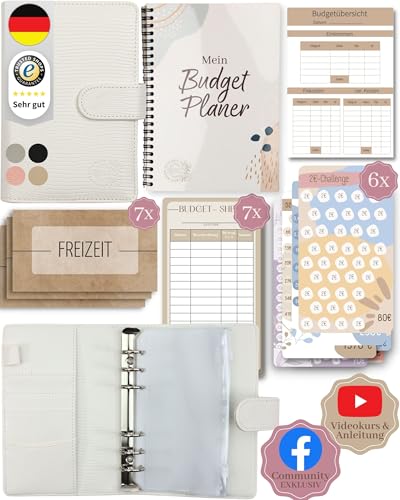 BeginnerBudget® Budget Planner Deutsch - Starterset mit Sparchallenge Budgetplaner deutsch - Sparen mit Umschlagmethode + Anleitung - Ringbuch A6 - Binder A6 Gecko-Style (Weiß (mit Budgetplaner) von Beginner-Budget