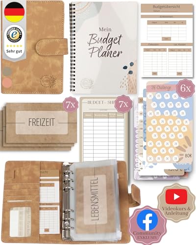 BeginnerBudget® Budget Planner Deutsch - Starterset mit Sparchallenge Budgetplaner deutsch - Sparen mit Umschlagmethode + Anleitung - Ringbuch A6 - Binder Wildleder-Style (Beige (mit Budget Planer)) von Beginner-Budget