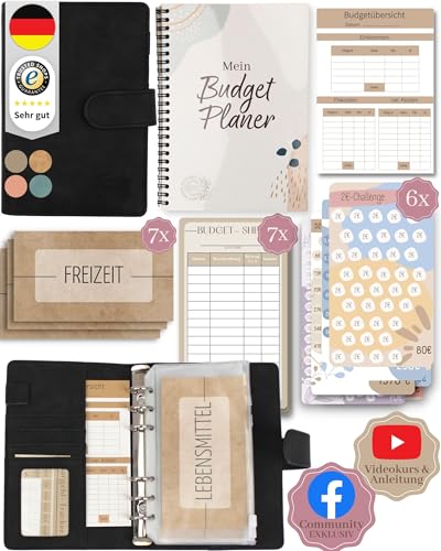 BeginnerBudget® Budget Planner Deutsch - Starterset mit Sparchallenge Budgetplaner deutsch - Sparen mit Umschlagmethode + Anleitung - Ringbuch A6 - Binder Wildleder-Style (Schwarz (mit Budget Planer)) von Beginner-Budget