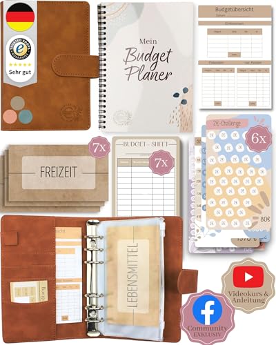 BeginnerBudget® Budget Planner Deutsch - Starterset mit Sparchallenge + Budgetplaner (144 Seiten) - Sparen mit Umschlagmethode + Anleitung Ringbuch, Binder A6 Wildleder, vegan (Braun) von Beginner-Budget