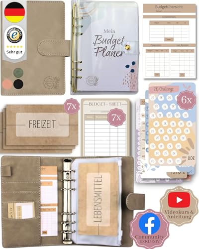 BeginnerBudget® Budget Planner Deutsch - Starterset mit Sparchallenge + Budgetplaner (144 Seiten) - Sparen mit Umschlagmethode + Anleitung Ringbuch, Binder A6 Wildleder, vegan (Grau) von BeginnerBudget