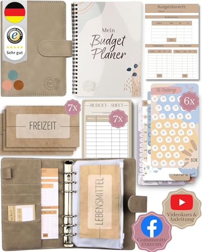 BeginnerBudget® Budget Planner Deutsch - Starterset mit Sparchallenge + Budgetplaner (144 Seiten) - Sparen mit Umschlagmethode + Anleitung Ringbuch, Binder A6 Wildleder, vegan (Grau) von Beginner-Budget