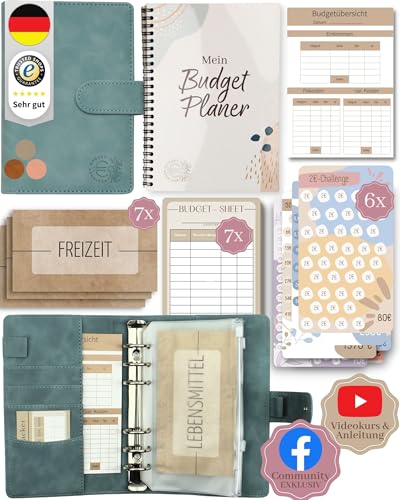 BeginnerBudget® Budget Planner Deutsch - Starterset mit Sparchallenge + Budgetplaner (144 Seiten) - Sparen mit Umschlagmethode + Anleitung Ringbuch, Binder A6 Wildleder, vegan (Hellblau) von Beginner-Budget