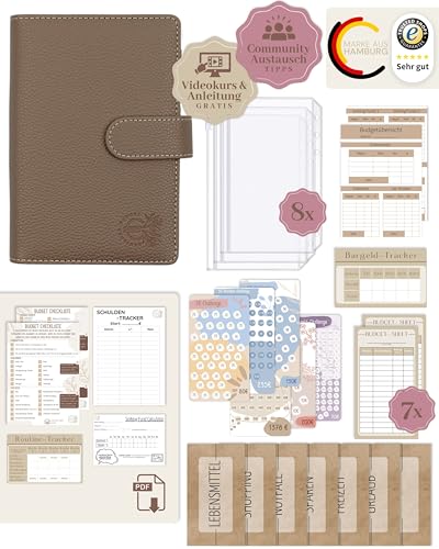 BeginnerBudget® Budget Planner Deutsch - Starterset mit Sparchallenge Budgetplaner - Sparen mit Umschlagmethode + Anleitung - Ringbuch A6 - Binder A6 Litchi-Style (Braun) von BeginnerBudget