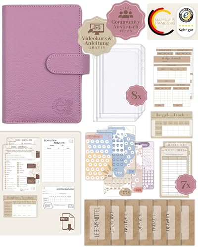 BeginnerBudget® Budget Planner Deutsch - Starterset mit Sparchallenge Budgetplaner - Sparen mit Umschlagmethode + Anleitung - Ringbuch A6 - Binder A6 Litchi-Style (Lila) von BeginnerBudget