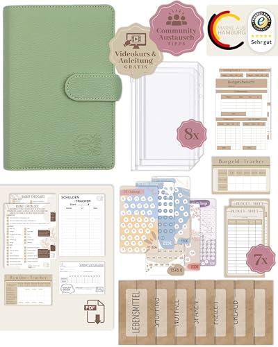 BeginnerBudget® Budget Planner Deutsch - Starterset mit Sparchallenge Budgetplaner - Sparen mit Umschlagmethode + Anleitung - Ringbuch A6 - Binder A6 Litchi-Style (Mint) von BeginnerBudget