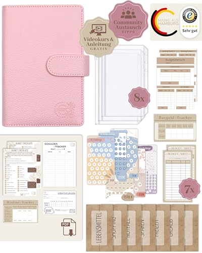 BeginnerBudget® Budget Planner Deutsch - Starterset mit Sparchallenge Budgetplaner - Sparen mit Umschlagmethode + Anleitung - Ringbuch A6 - Binder A6 Litchi-Style (Rosa) von BeginnerBudget