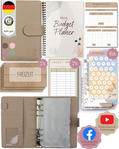 BeginnerBudget® Budget Planner Deutsch - Starterset mit Sparchallenge Budgetplaner deutsch - Sparen mit Umschlagmethode + Anleitung - Ringbuch A6 - Binder A6 Litchi-Style (Beige (mit Budgetplaner)) von BeginnerBudget