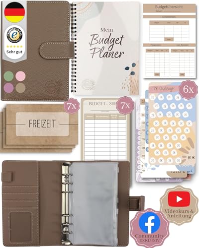 BeginnerBudget® Budget Planner Deutsch - Starterset mit Sparchallenge Budgetplaner deutsch - Sparen mit Umschlagmethode + Anleitung - Ringbuch A6 - Binder A6 Litchi-Style (Braun (mit Budgetplaner)) von BeginnerBudget