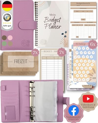 BeginnerBudget® Budget Planner Deutsch - Starterset mit Sparchallenge Budgetplaner deutsch - Sparen mit Umschlagmethode + Anleitung - Ringbuch A6 - Binder A6 Litchi-Style (Lila (mit Budgetplaner)) von BeginnerBudget