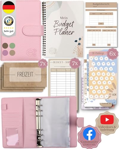 BeginnerBudget® Budget Planner Deutsch - Starterset mit Sparchallenge Budgetplaner deutsch - Sparen mit Umschlagmethode + Anleitung - Ringbuch A6 - Binder A6 Litchi-Style (Rosa (mit Budgetplaner)) von BeginnerBudget