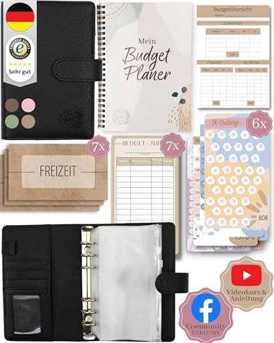 BeginnerBudget® Budget Planner Deutsch - Starterset mit Sparchallenge Budgetplaner deutsch - Sparen mit Umschlagmethode + Anleitung - Ringbuch A6 - Binder A6 Litchi-Style (Schwarz (mit Budgetplaner)) von BeginnerBudget