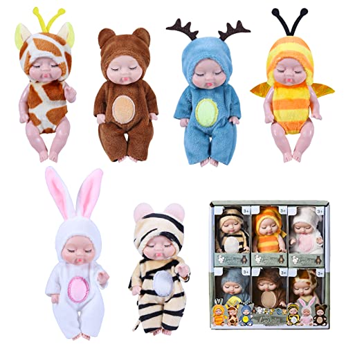 6 Stück Mini Reborn Puppen,4.33'' Silikon Baby Puppen,Mini Schlafende Wiedergeburt Puppen mit Kleidung Set,Baby Puppe Waschbares für Mädchen,Kleinkinder,Kinder von Begonia