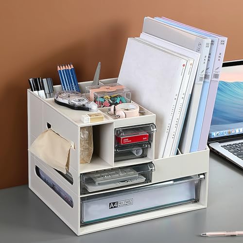 Begoniape Schreibtisch Organizer mit Aktenhalter, Multifunktionaler Schreibtisch Organizer mit Schublade und 2 Stifthaltern, Papier Briefablage für Bürobedarf Schreibwaren Schreibtisch Zubehör von Begoniape