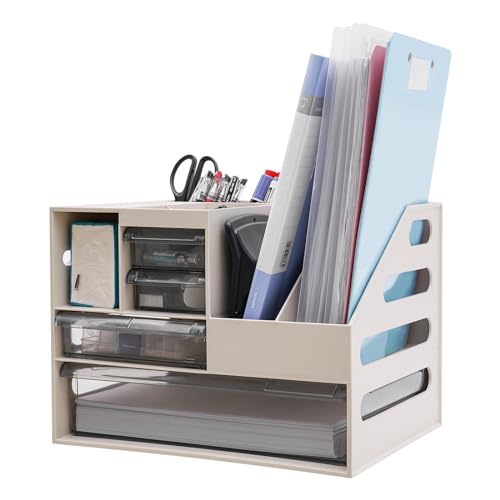 Begoniape Schreibtisch Organizer mit Aktenhalter, Papier Briefablage mit Schublade und 2 Stifthaltern, Schreibtisch Aktenordner Organizer für Bürobedarf Schreibwaren Schreibtisch Zubehör von Begoniape