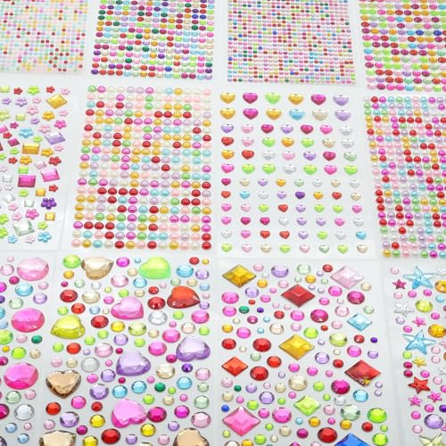 Behiruch 3400 Stück Glitzersteine Selbstklebend, 12 Blätter Strasssteine Gesicht Glitzer Sticker Aufkleber für Kinder, Glitzersteine zum Basteln Bunt Rhinestones Schmucksteine für Grußkarten Handwerke von Behiruch