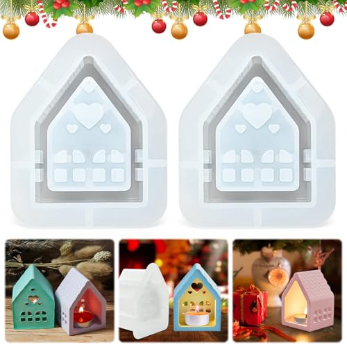 Silikonformen Gießformen Häuser, 2 Stück Silikonform Haus, Silikonform Weihnachten Haus Kerzenhalter, Silikonformen Gießformen Weihnachten, für DIY Kerzenhalter Weihnachtsdeko Handwerk von Beibeijia