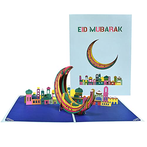 3D-Eid-Karte, bunte Schlösser, Mond-Grußkarten für Eid-Party-Dekoration, inklusive Umschlag und Notizkarte von Beimus