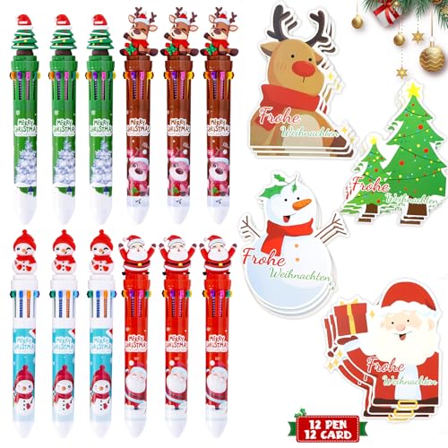 Beinup 24 Stück Weihnachts Kugelschreiber mit Weihnachtskarten, 10-in-1 Einziehbare Kugelschreiber, Multicolor Farbwechselstifte, Weihnachten Schreibwaren, Weihnachtsgeschenke für Kinder von Beinup